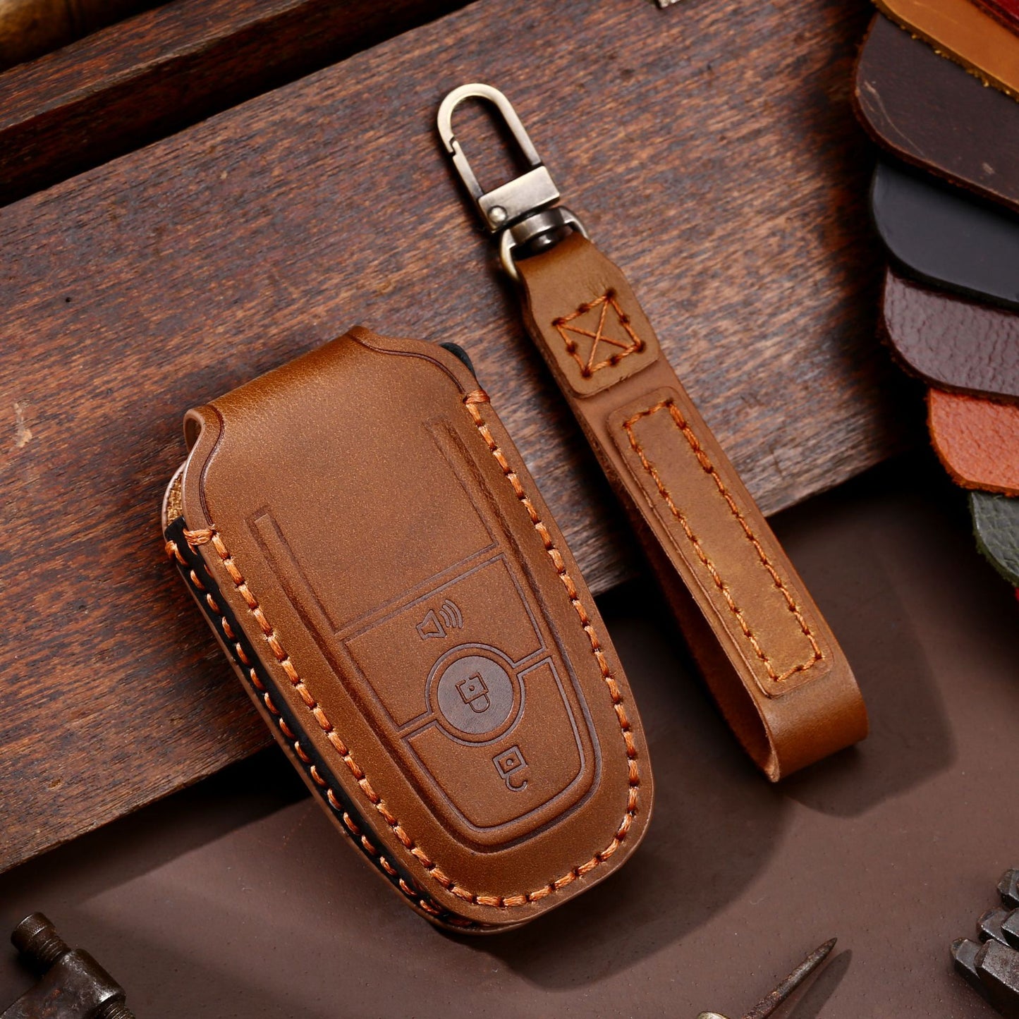 Top Grain Leather Key Cover For Ford F-150 Pickup 3/4/5 Button Smart Key