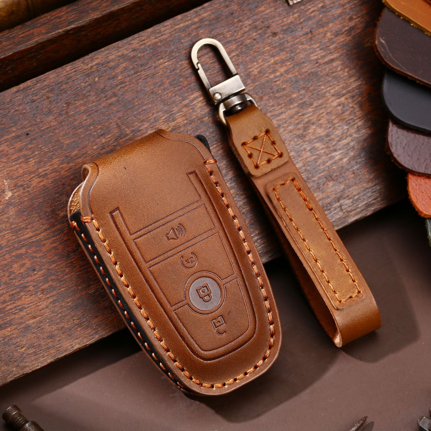 Top Grain Leather Key Cover For Ford F-150 Pickup 3/4/5 Button Smart Key